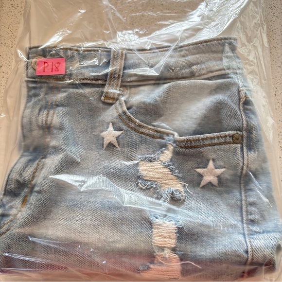 Eunina Jean Shorts Large Stretch Denim Lulu High Rise Distressed Embroider Stars - Picture 15 of 15
